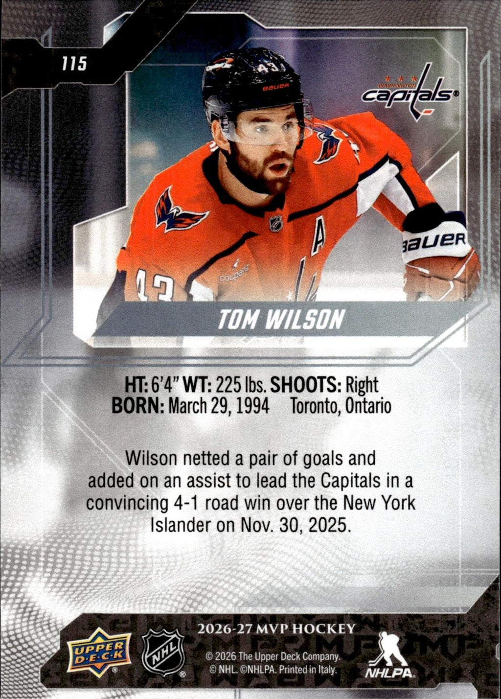 Tom Wilson 2026-27 Upper Deck MVP #115 Capitals