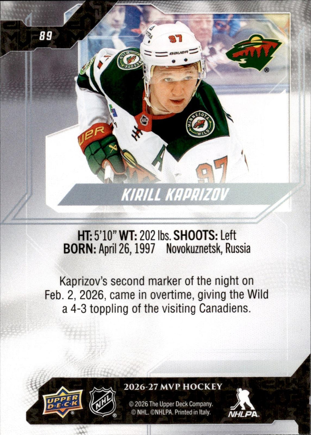 Kirill Kaprizov 2026-27 Upper Deck MVP #89 Wild