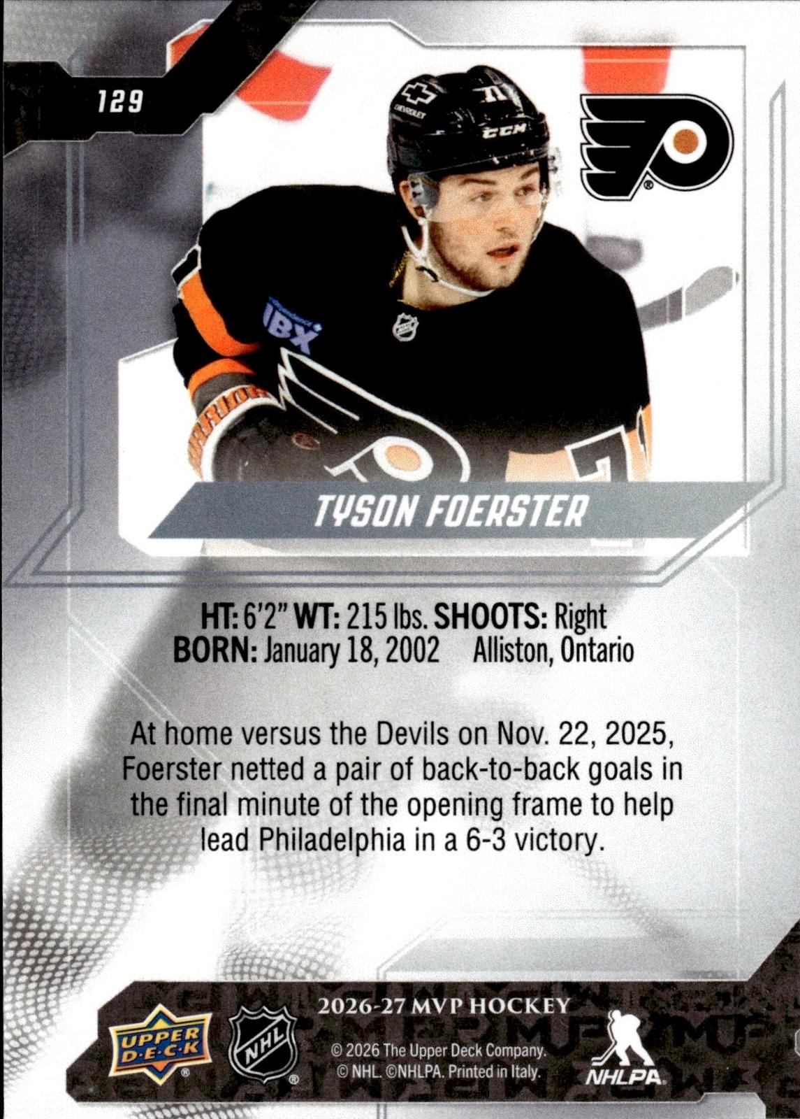 Tyson Foerster 2026-27 Upper Deck MVP #129 Flyers