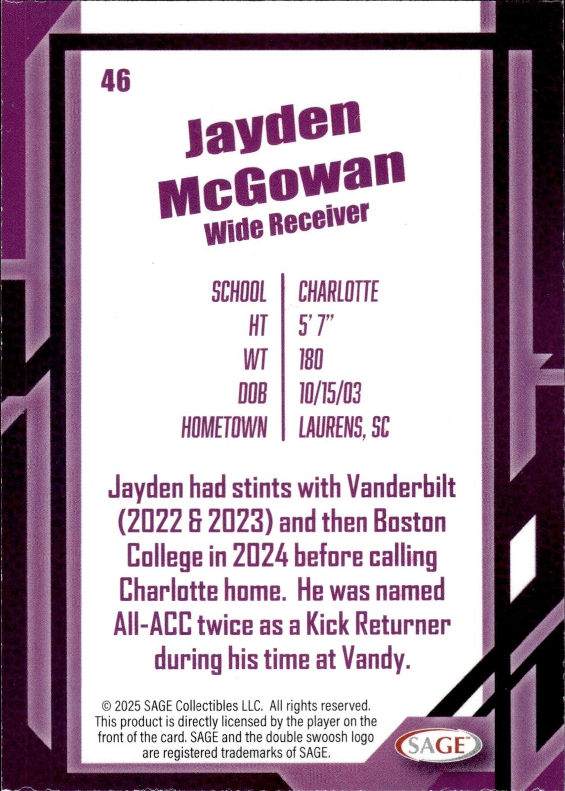 Jayden McGowan 2026 SAGE #46 Black 49ers