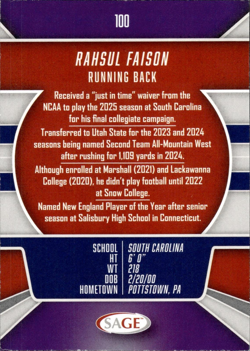 Rashul Faison 2026 SAGE #100 Black Gamecocks