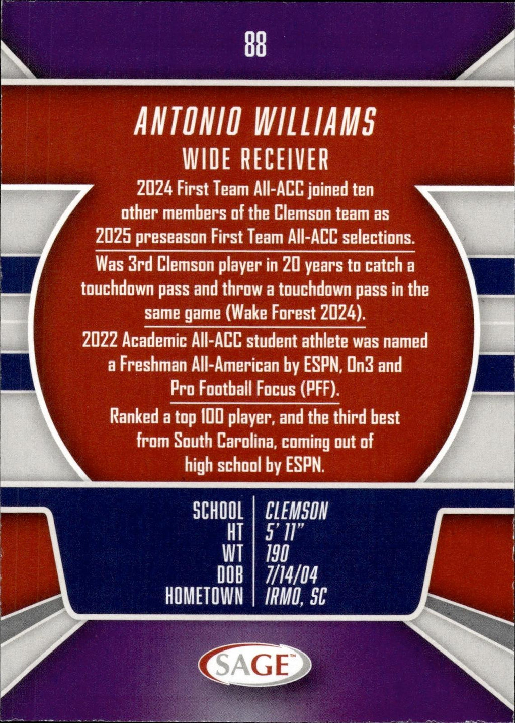 Antonio Williams 2026 SAGE #88 Silver Tigers