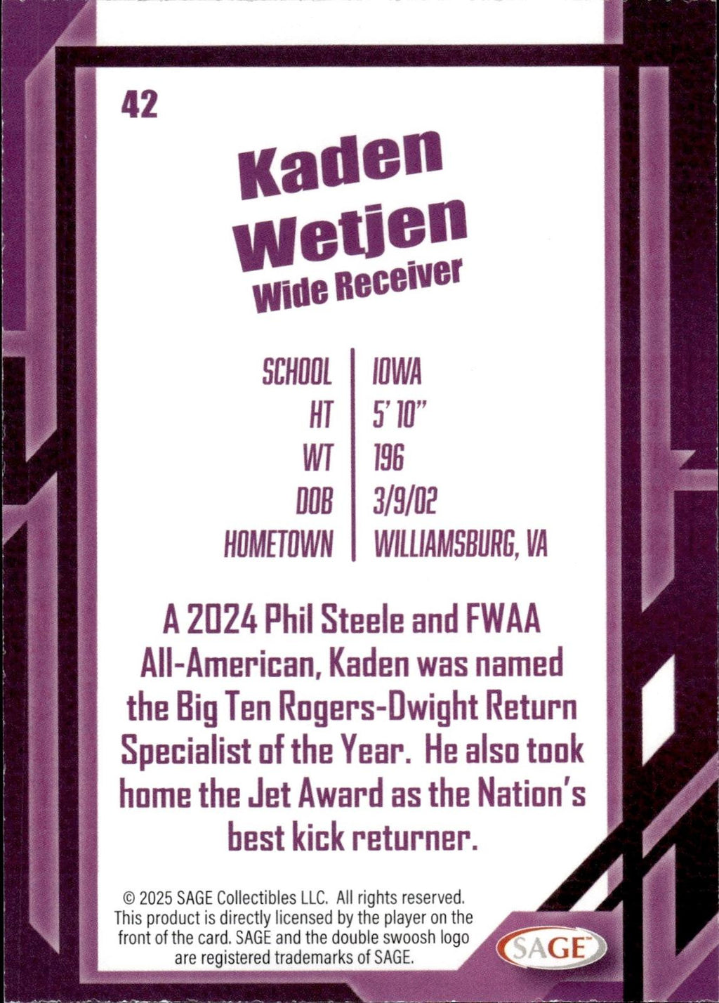 Kaden Wetjen 2026 SAGE #42 Black Hawkeyes