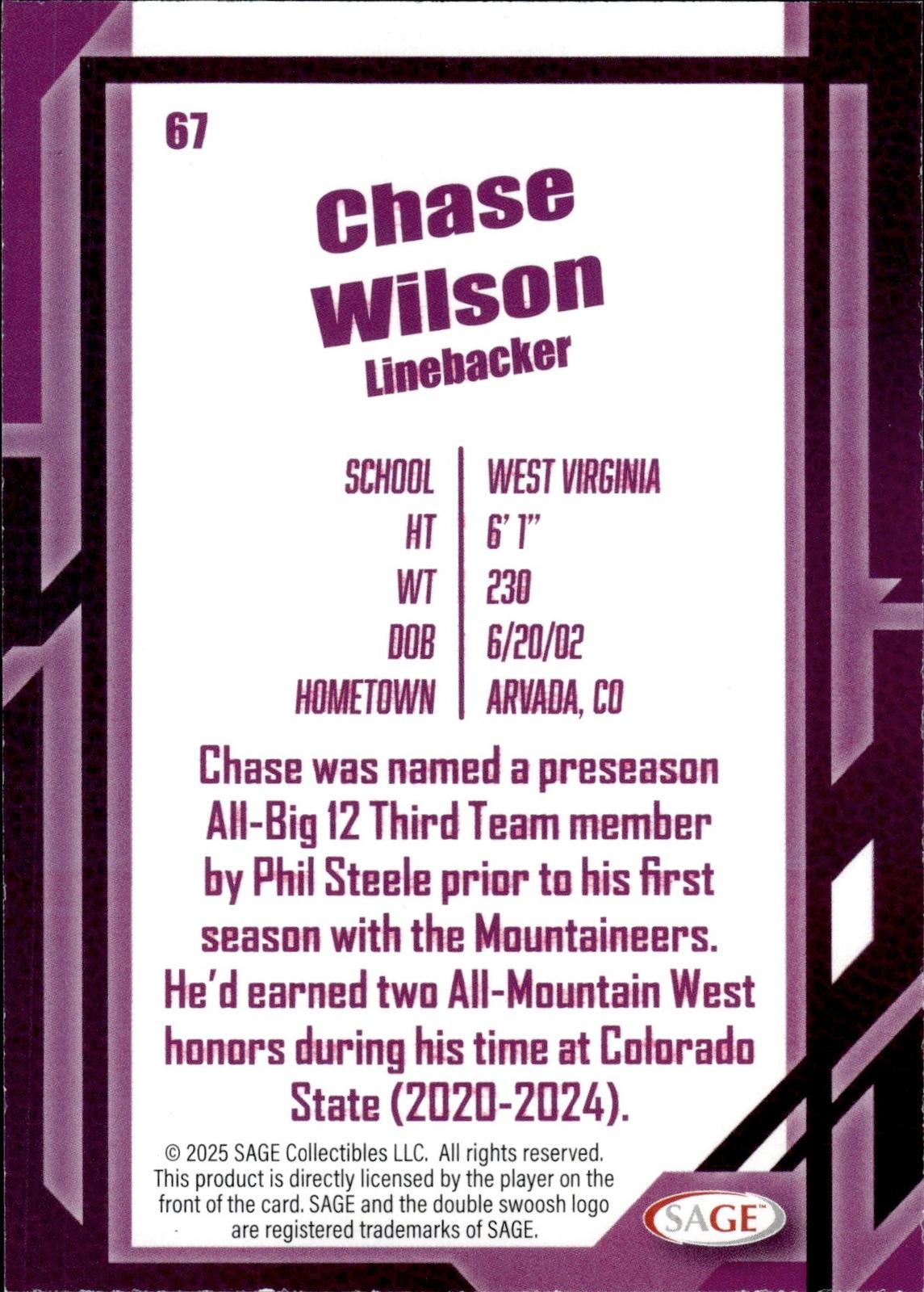 Chase Wilson 2026 SAGE #67 Silver Mountaineers