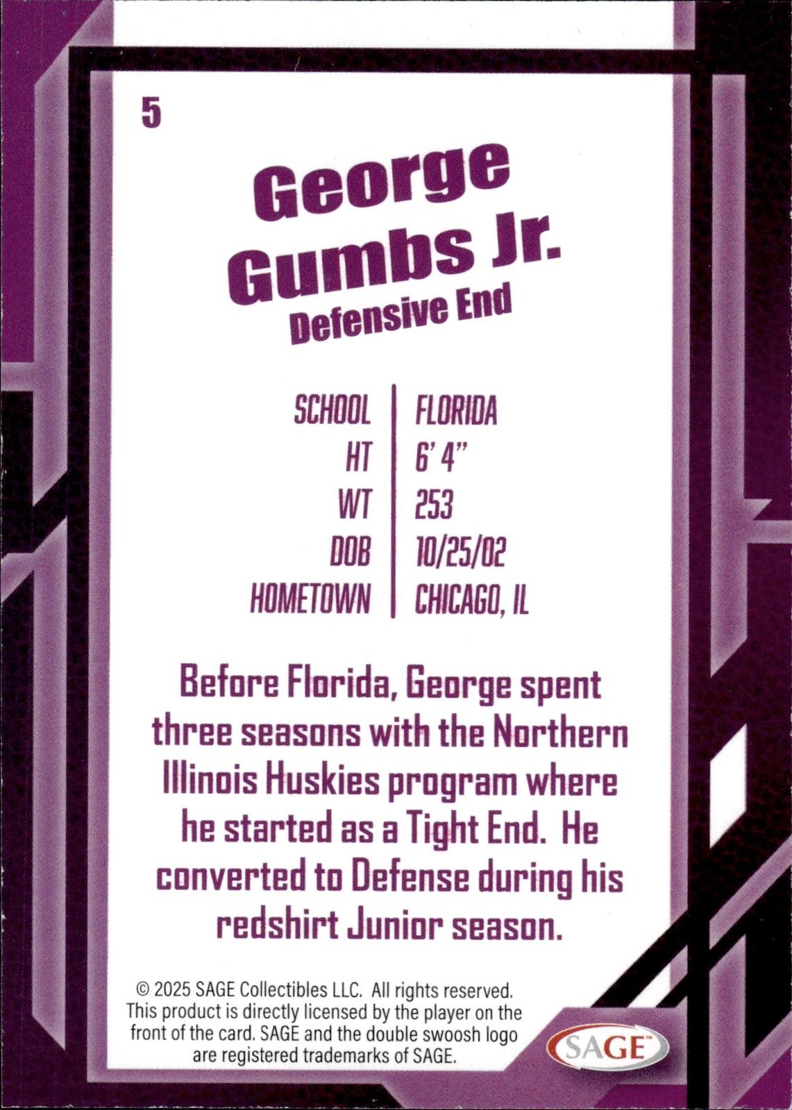 George Gumbs Jr. 2026 SAGE #5 Silver Gators