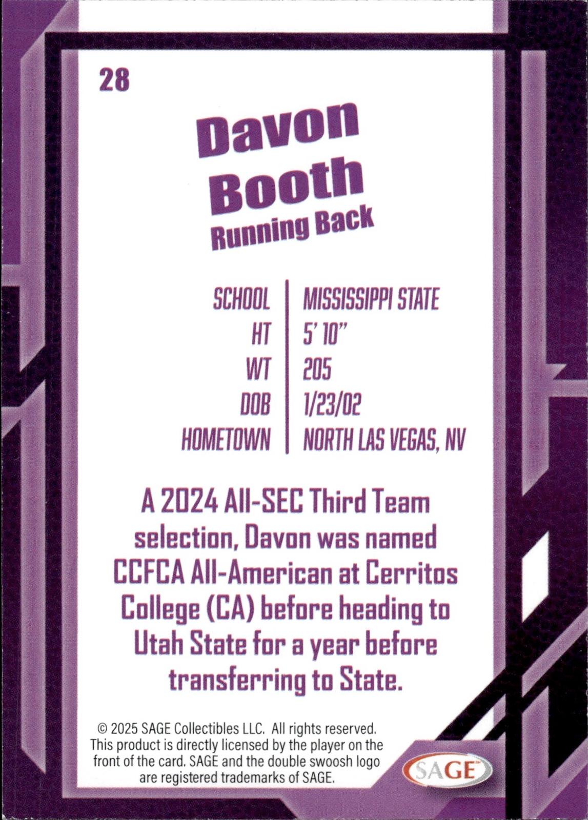 Davon Booth 2026 SAGE #28 Silver Bulldogs