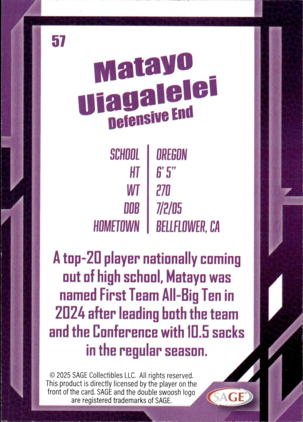 Matayo Uiagalelei 2026 SAGE #57 Silver Ducks