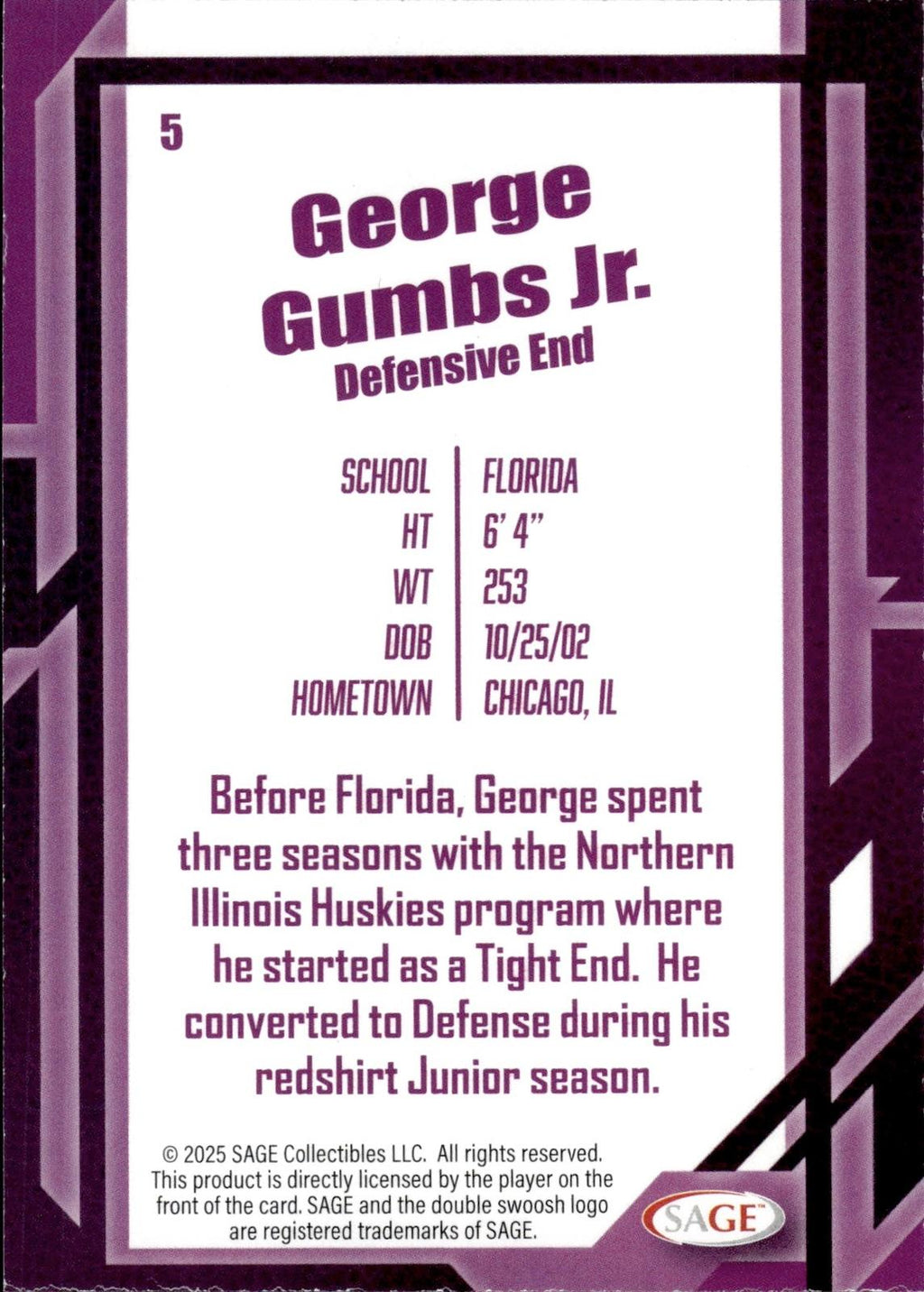 George Gumbs Jr. 2026 SAGE #5 Silver Gators