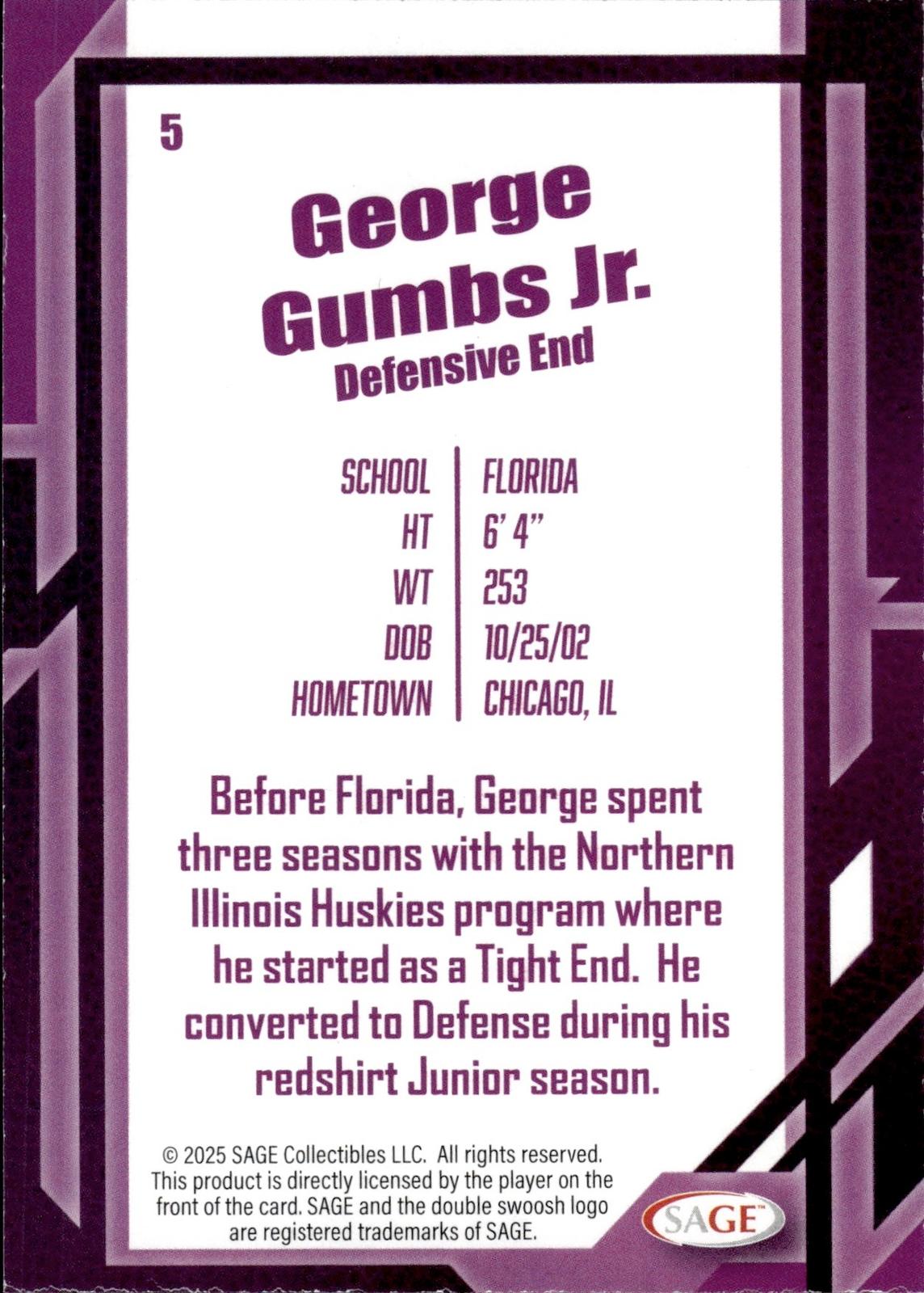 George Gumbs Jr. 2026 SAGE #5 Silver Gators
