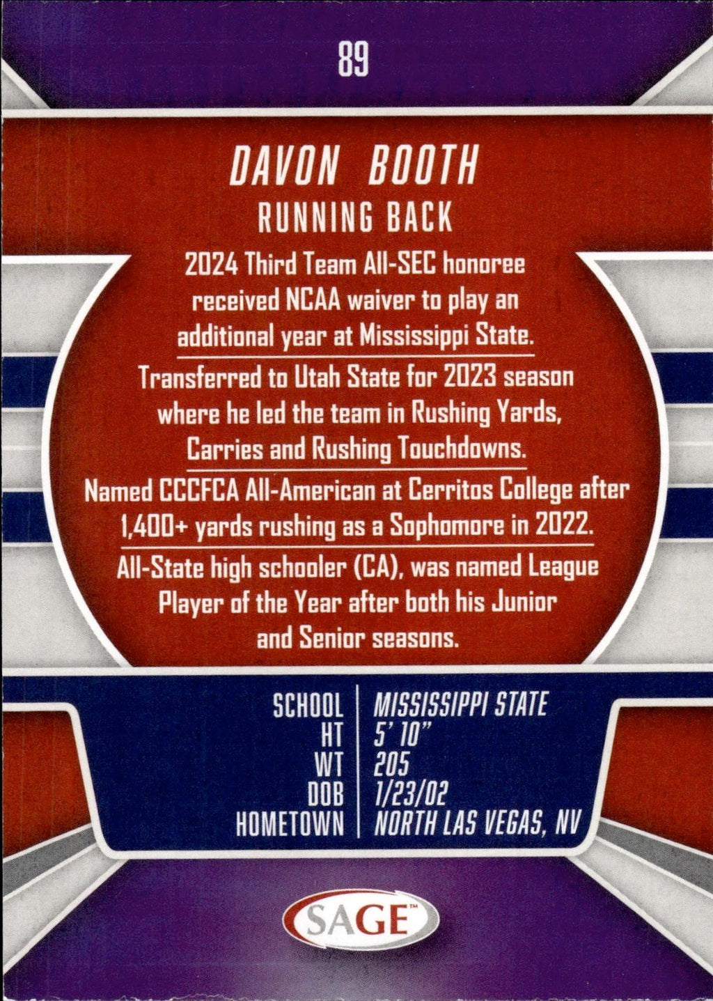 Davon Booth 2026 SAGE #89 Black Bulldogs