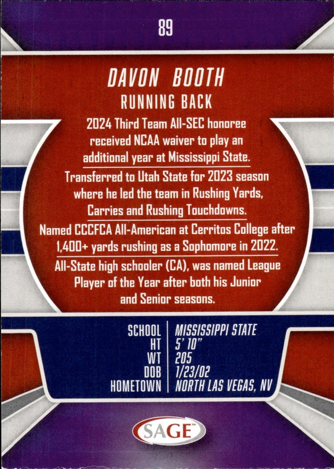 Davon Booth 2026 SAGE #89 Black Bulldogs