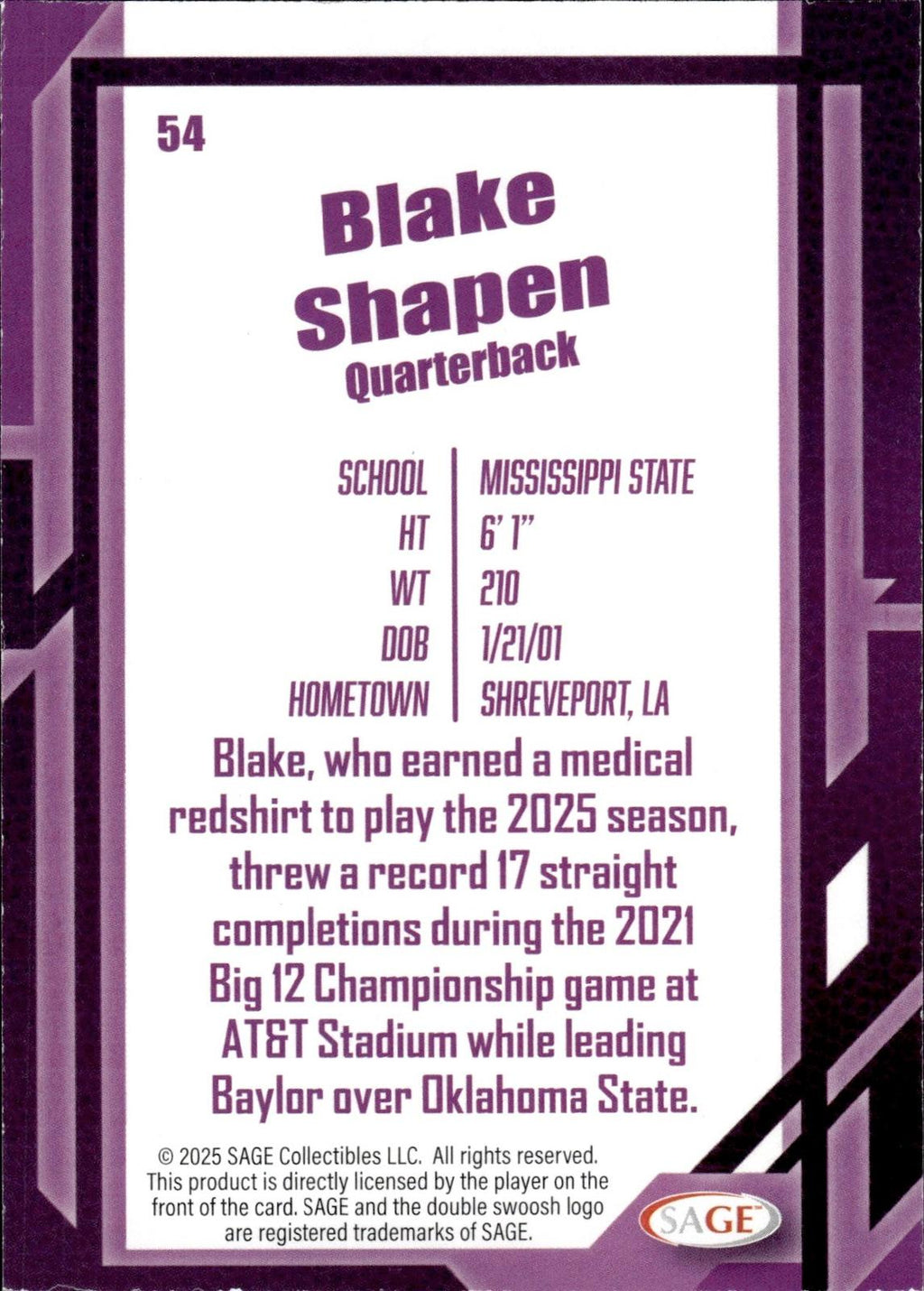 Blake Shapen 2026 SAGE #54 Black Bulldogs