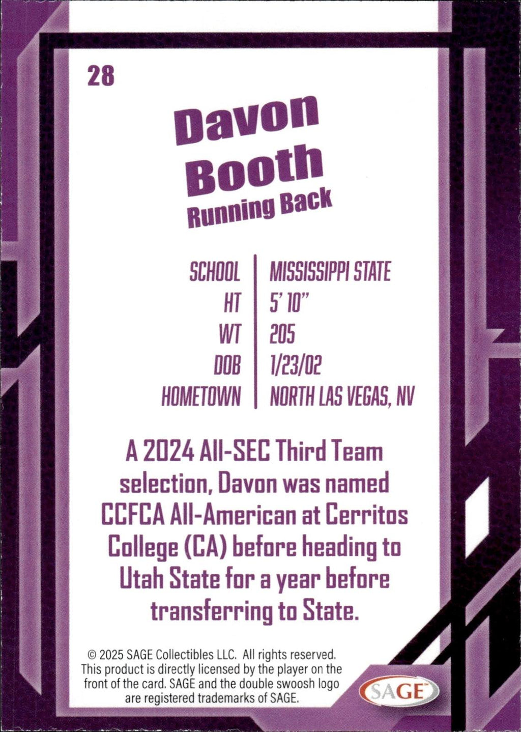 Davon Booth 2026 SAGE #28 Black Bulldogs