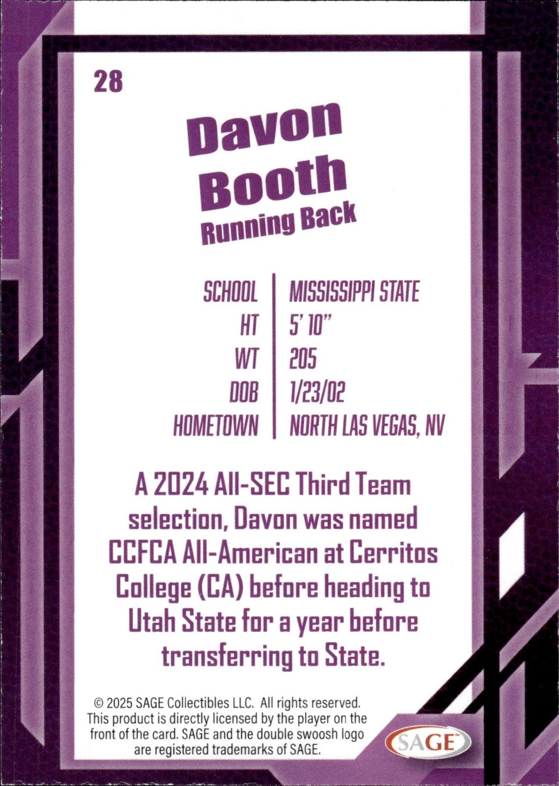 Davon Booth 2026 SAGE #28 Black Bulldogs