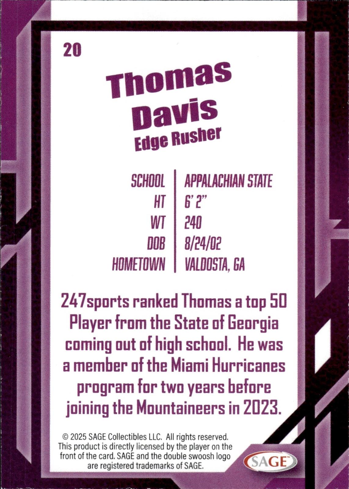 Thomas Davis 2026 SAGE #20 Silver Mountaineers