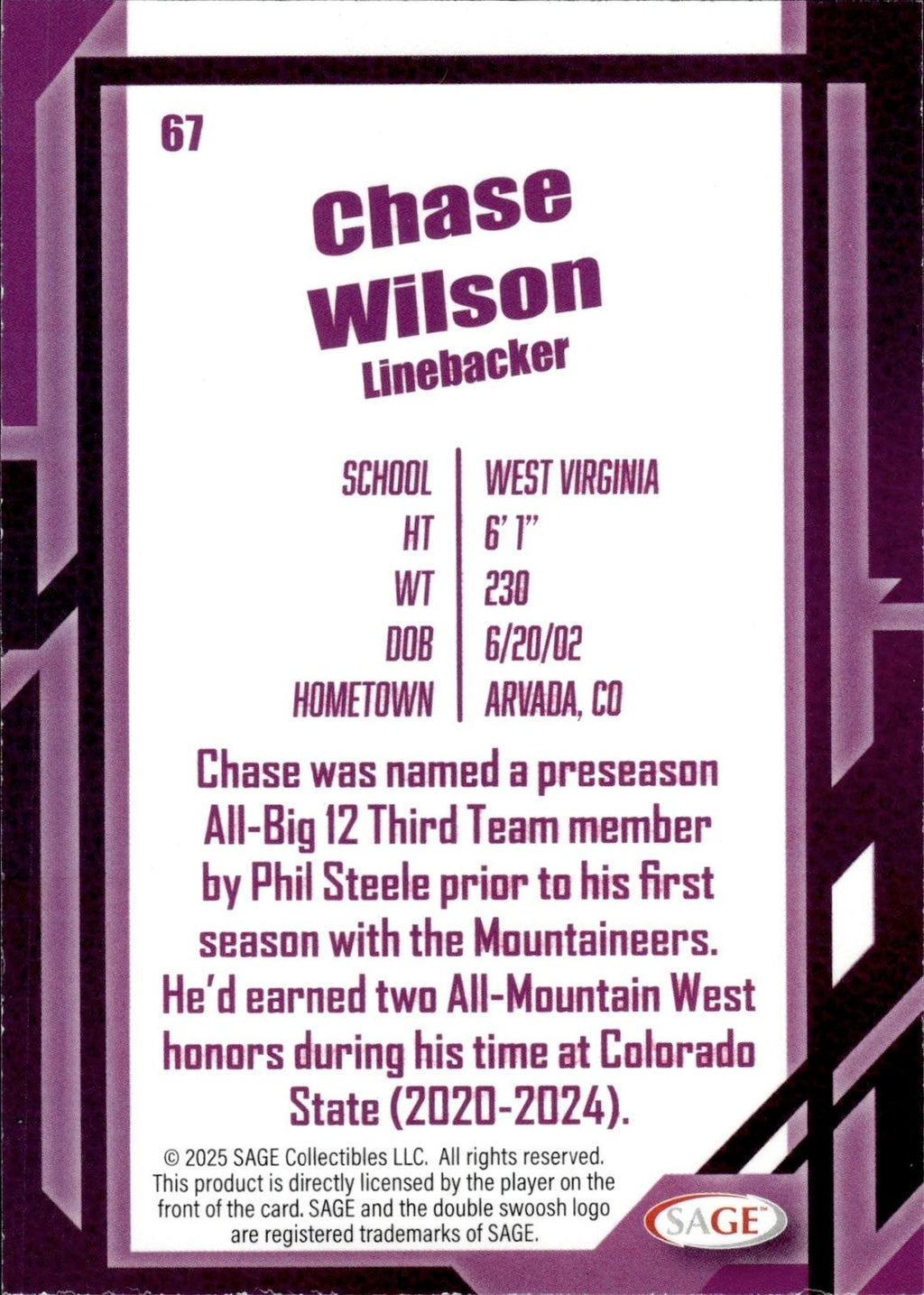 Chase Wilson 2026 SAGE #67 Black Mountaineers