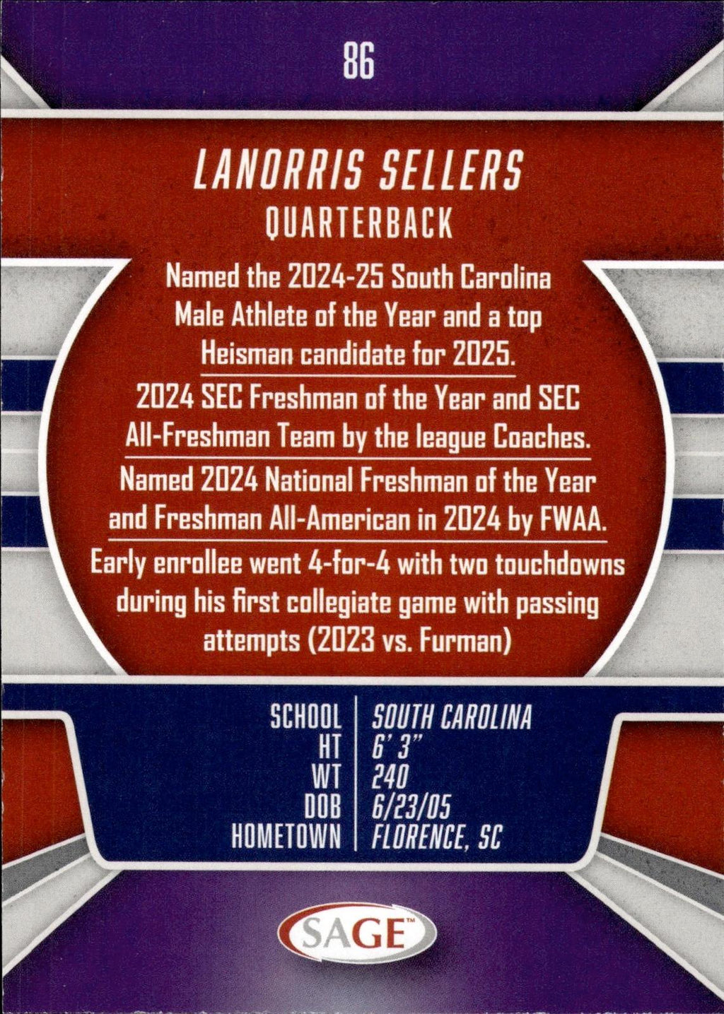 LaNorris Sellers 2026 SAGE #86 Silver Gamecocks