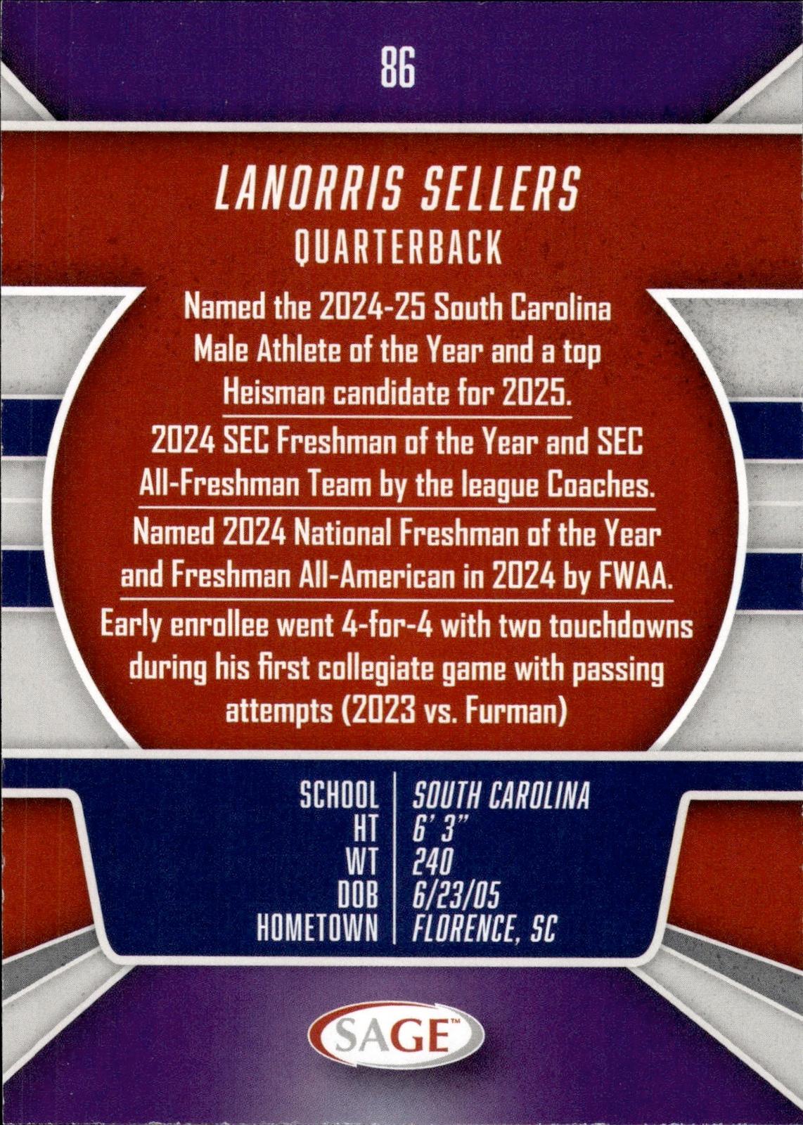 LaNorris Sellers 2026 SAGE #86 Silver Gamecocks