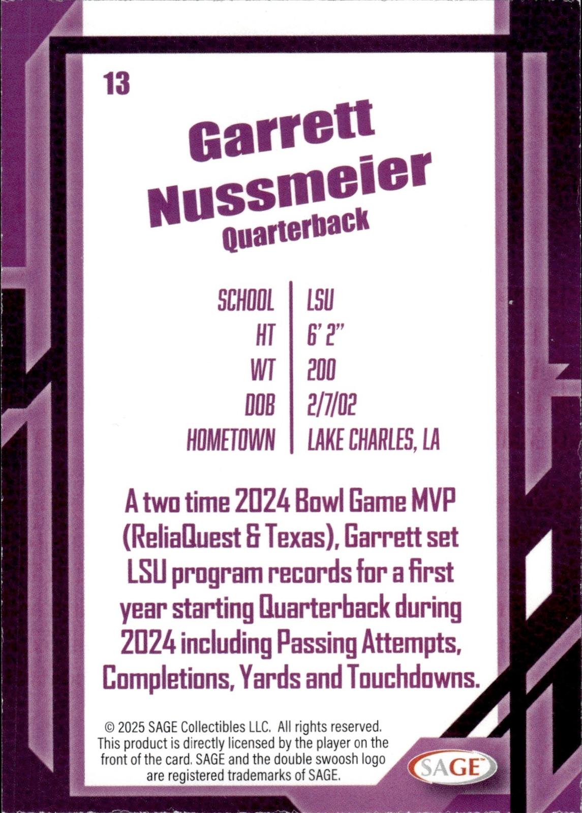 Garrett Nussmeier 2026 SAGE #13 Black Tigers