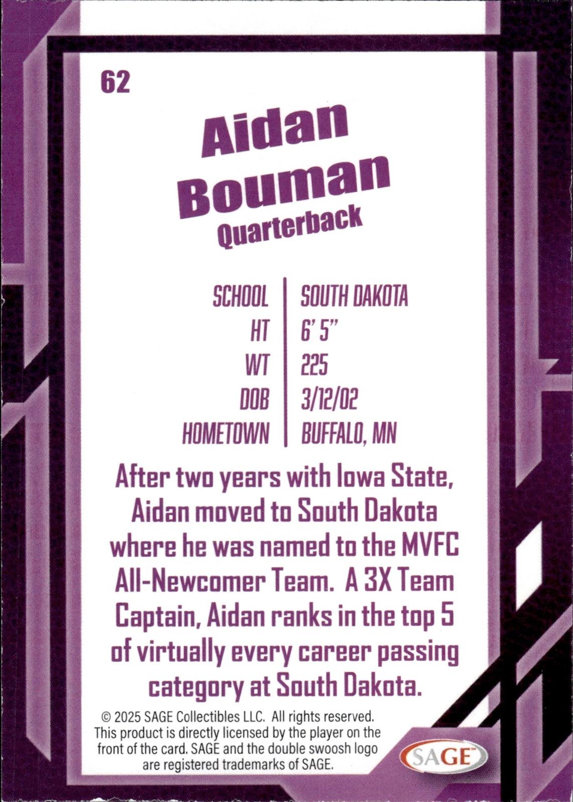 Aidan Bouman 2026 SAGE #62 Black Coyotes