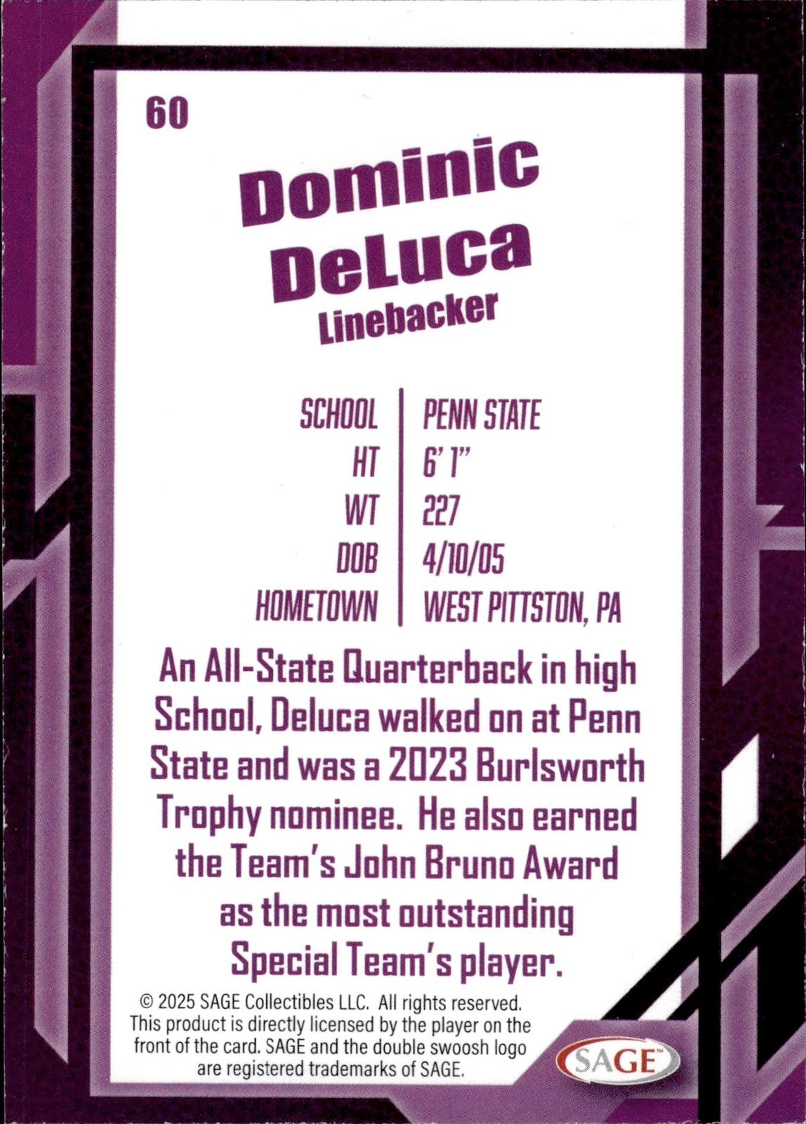 Dominic DeLuca 2026 SAGE #60 Silver Nittany Lions