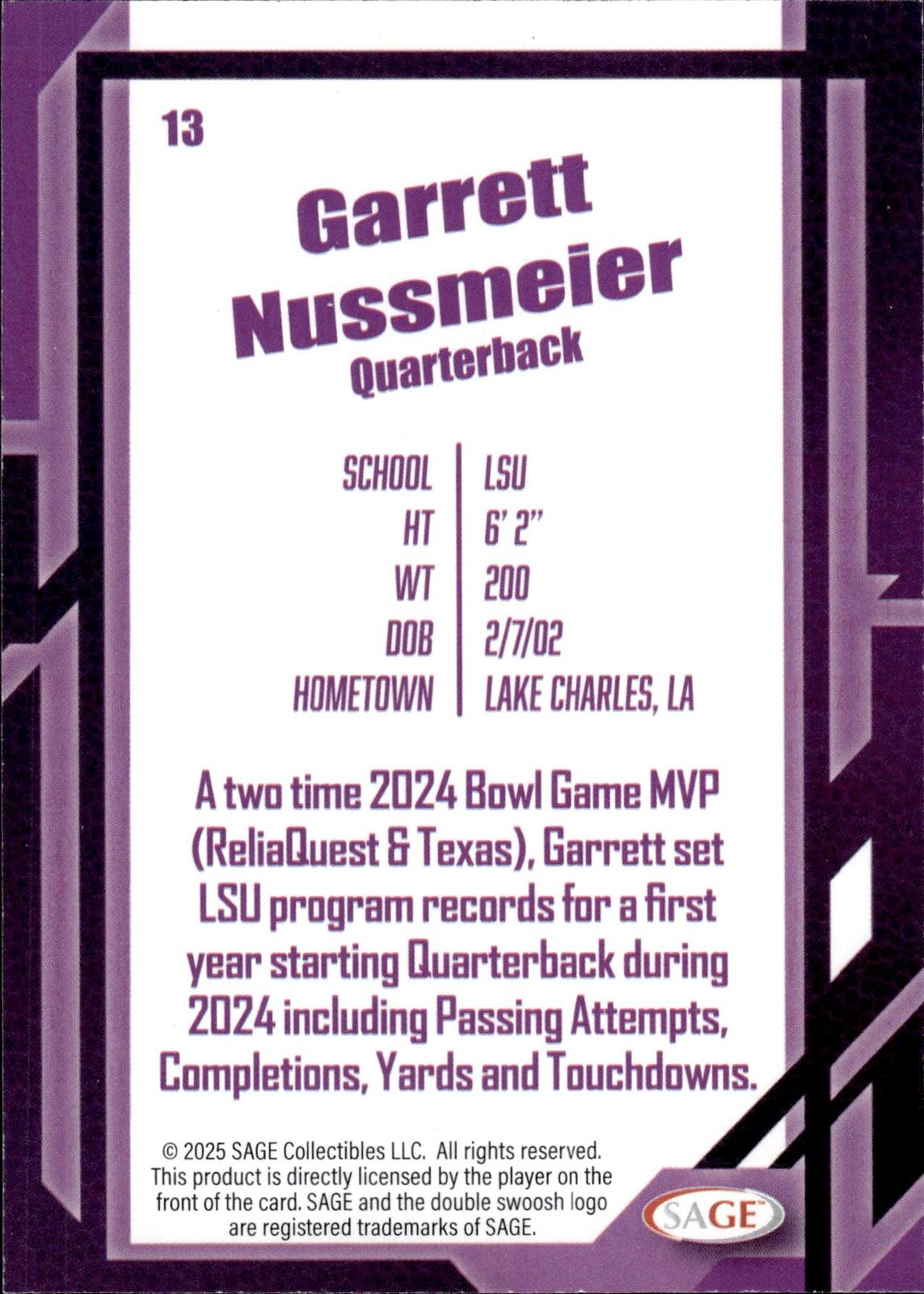 Garrett Nussmeier 2026 SAGE #13 Silver Tigers