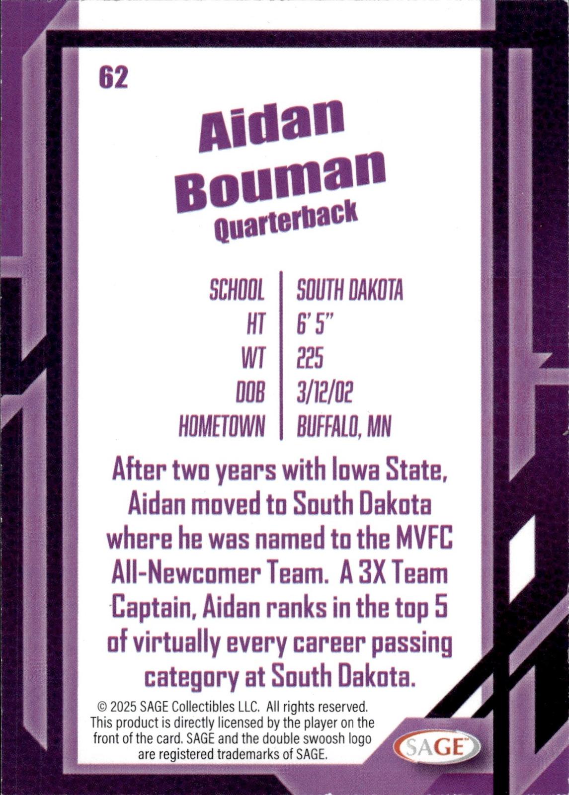 Aidan Bouman 2026 SAGE #62 Silver Coyotes