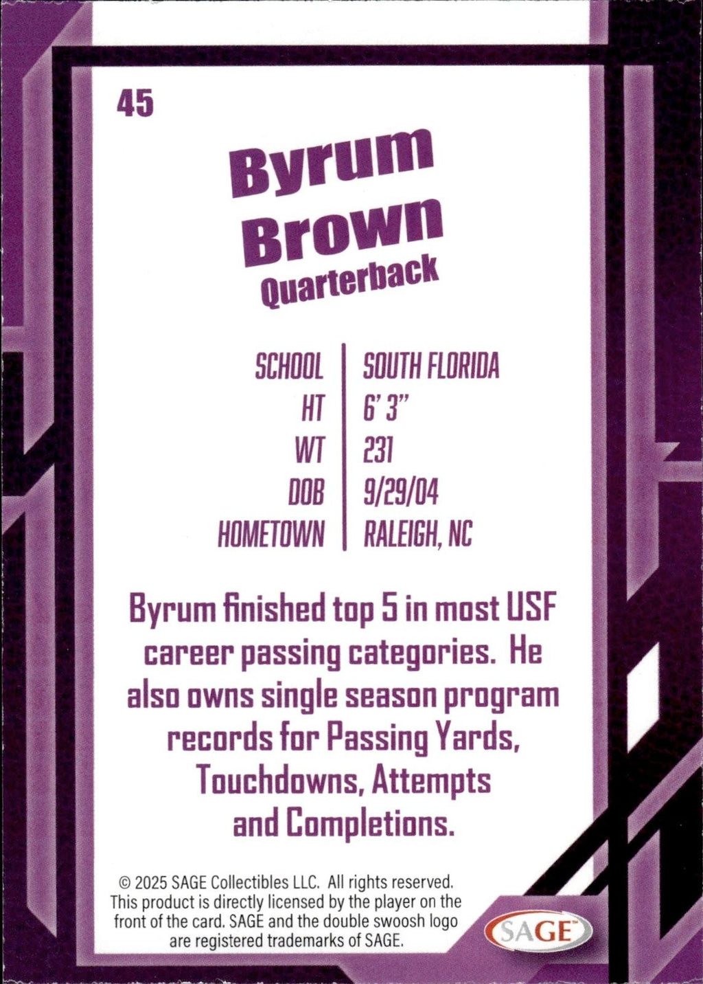 Byrum Brown 2026 SAGE #45 Black Bulls