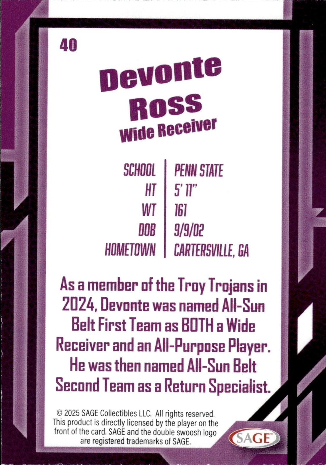 Devonte Ross 2026 SAGE #40 Silver Nittany Lions