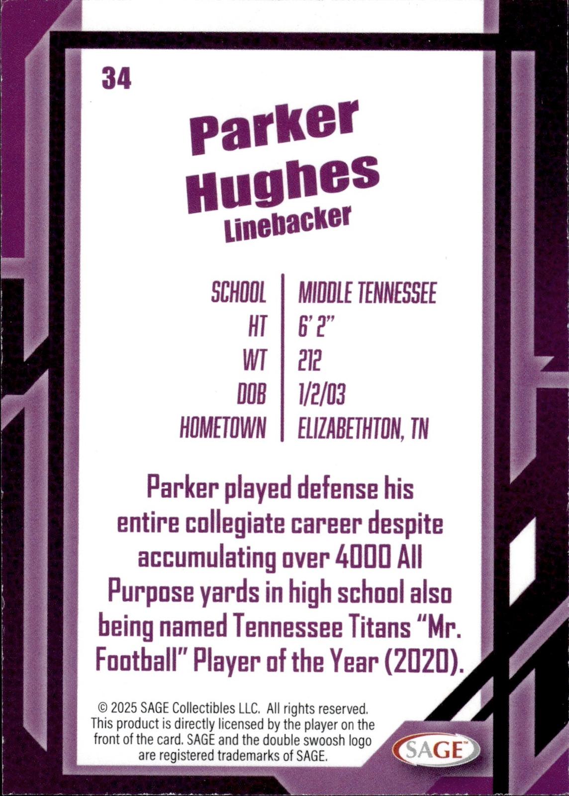 Parker Hughes 2026 SAGE #34 Silver Blue Raiders