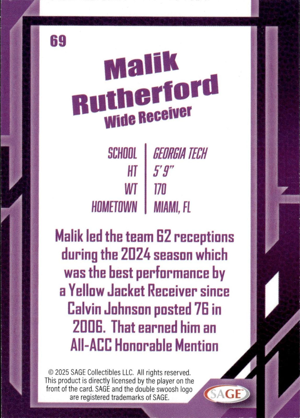 Malik Rutherford 2026 SAGE #69 Silver Yellow Jackets