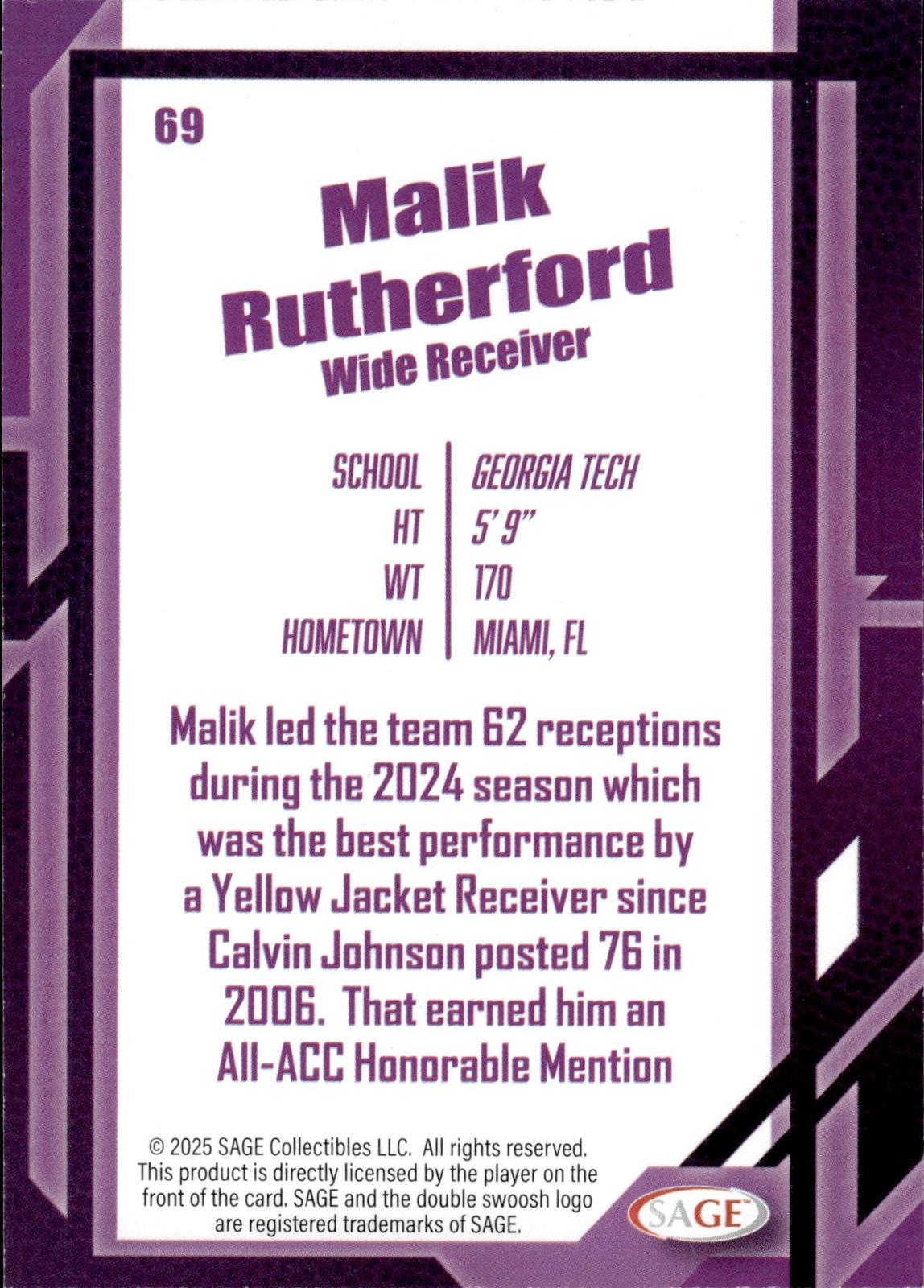 Malik Rutherford 2026 SAGE #69 Silver Yellow Jackets
