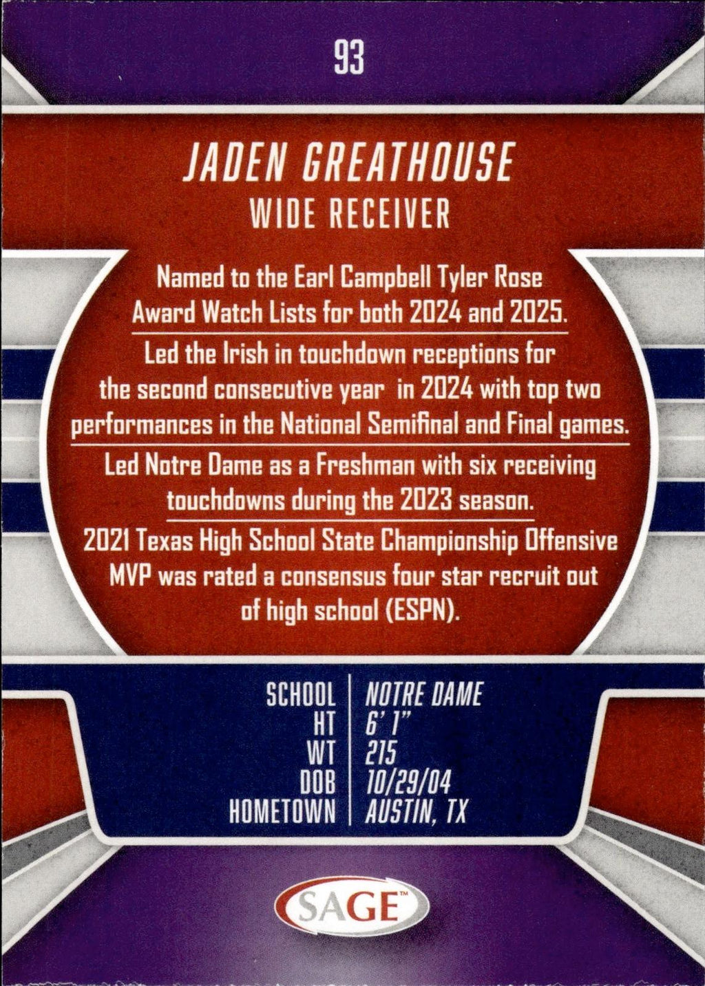 Jaden Greathouse 2026 SAGE #93 Black Fighting Irish
