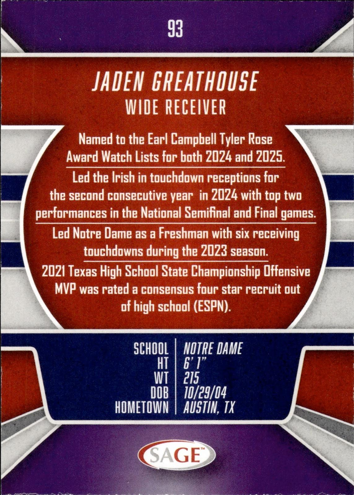 Jaden Greathouse 2026 SAGE #93 Black Fighting Irish