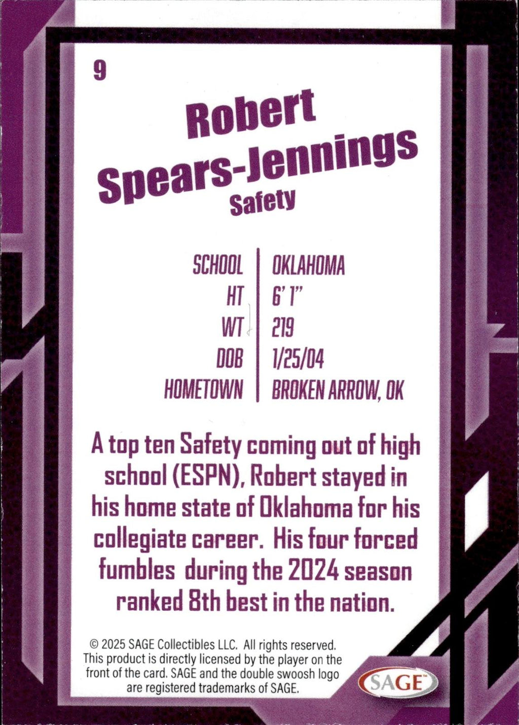 Robert Spears-Jennings 2026 SAGE #9 Silver Sooners