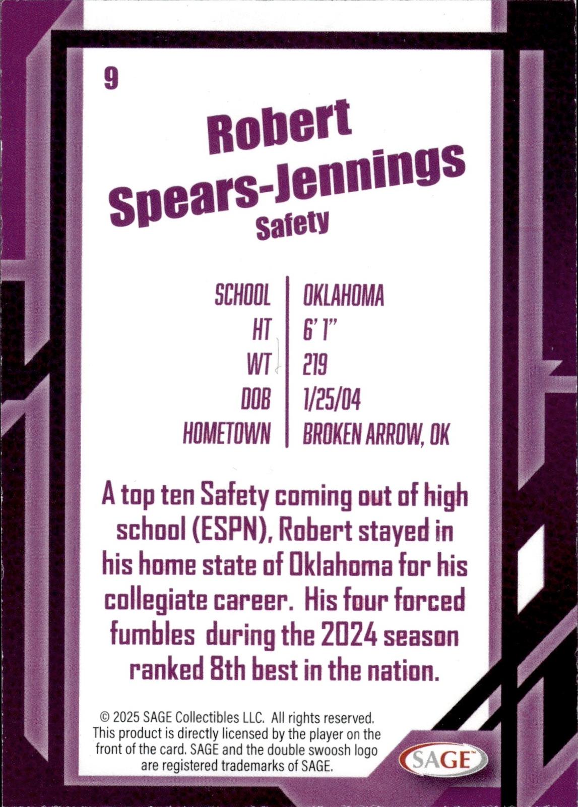 Robert Spears-Jennings 2026 SAGE #9 Silver Sooners