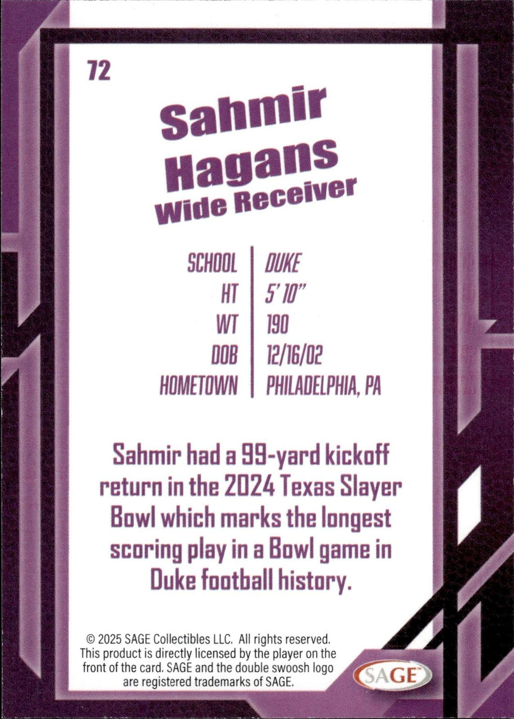 Sahmir Haganis 2026 SAGE #72 Silver Blue Devils