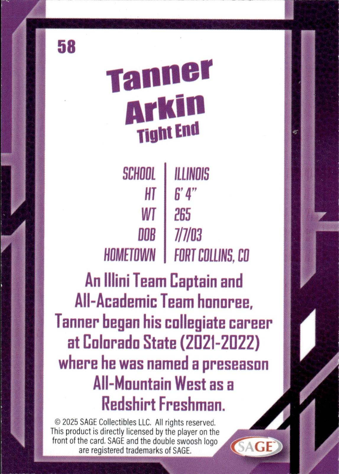 Tanner Arkin 2026 SAGE #58 Silver Fighting Illini