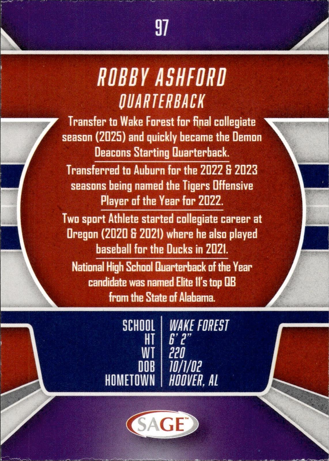 Robby Ashford 2026 SAGE #97 Black Demon Deacons