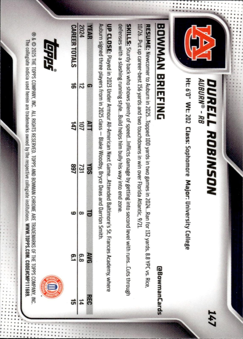 Durell Robinson 2025 Bowman Univ Chrome #147 Aqua Mini-Diamond Refractor Tigers