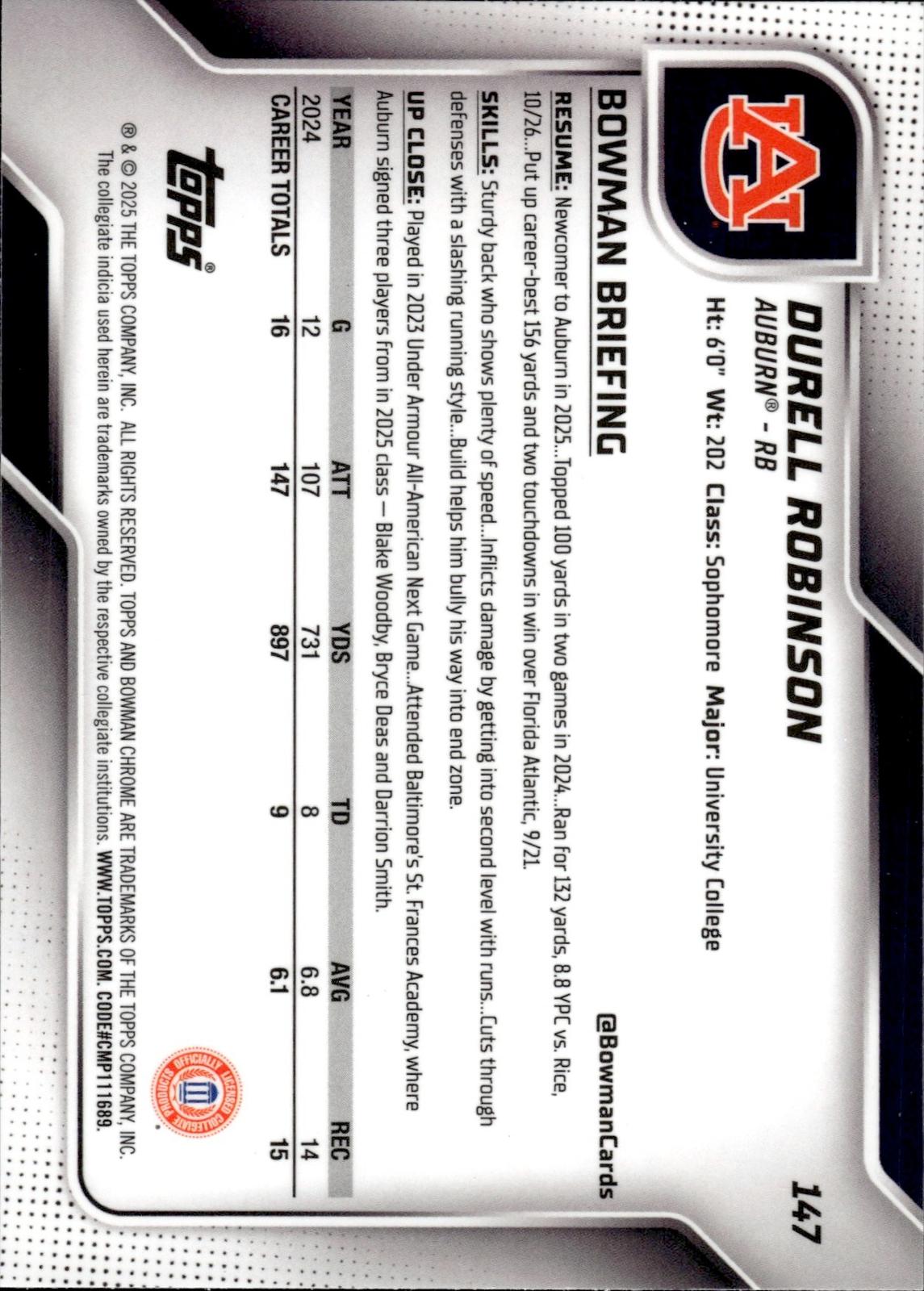 Durell Robinson 2025 Bowman Univ Chrome #147 Aqua Mini-Diamond Refractor Tigers