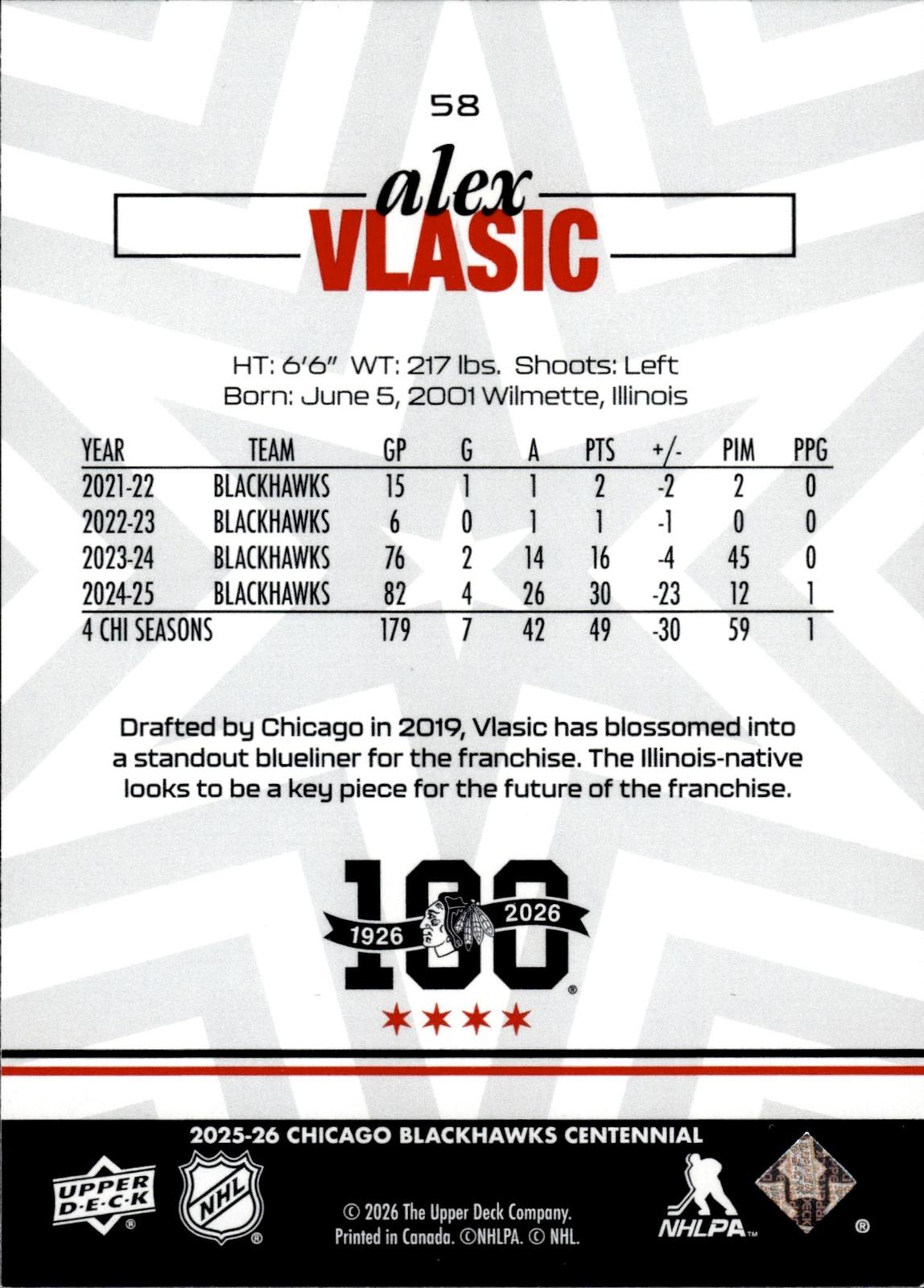 Alex Vlasic 2025-26 Upper Deck Chicago Blackhawks Centennial #58 Blackhawks