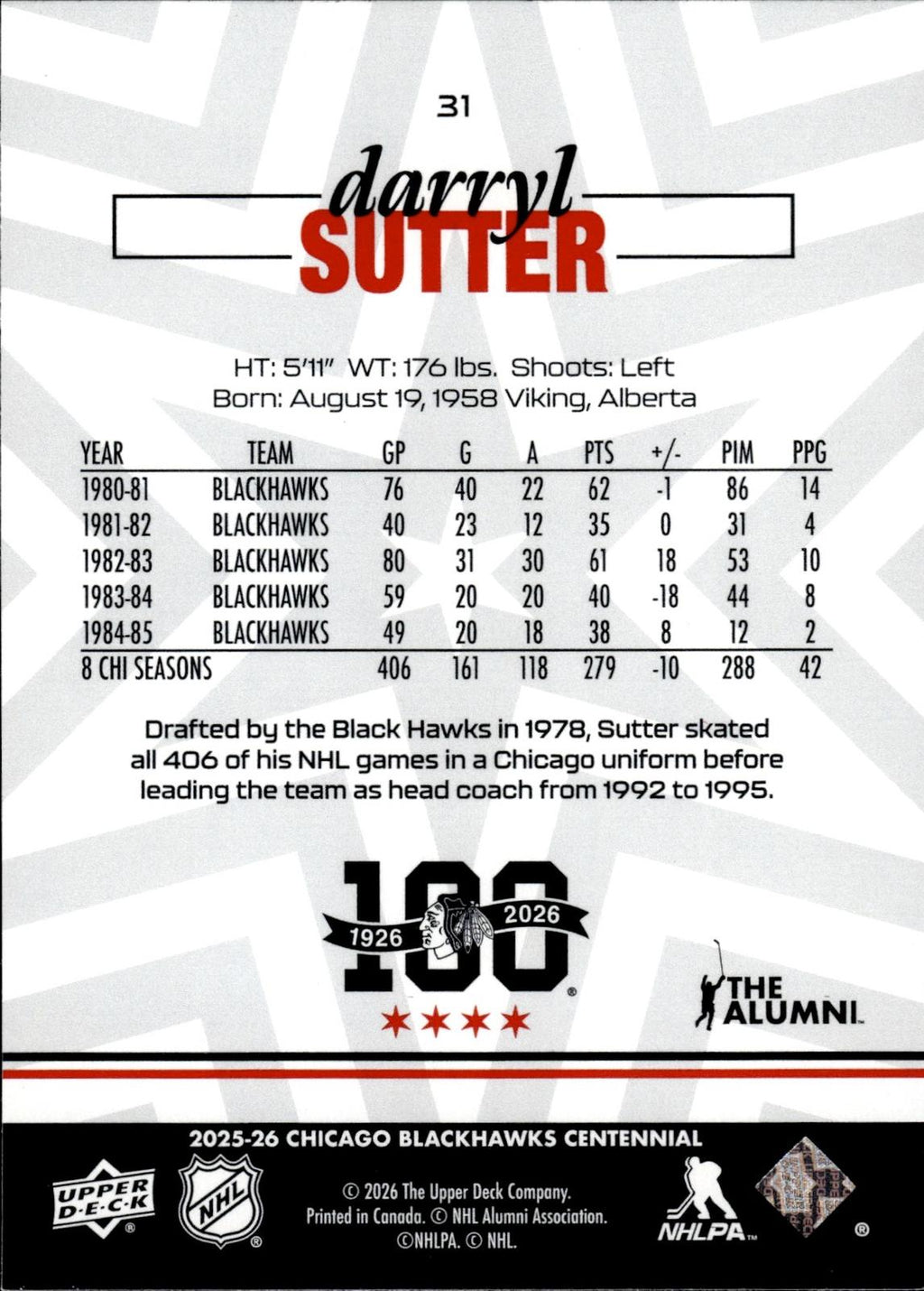 Darryl Sutter 2025-26 Upper Deck Chicago Blackhawks Centennial #31 Blackhawks