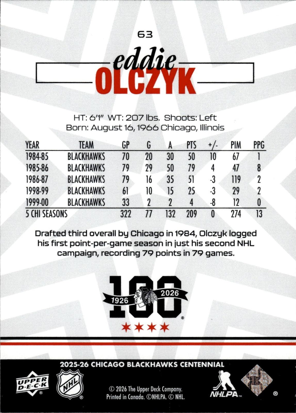 Eddie Olczyk 2025-26 Upper Deck Chicago Blackhawks Centennial #63 Blackhawks