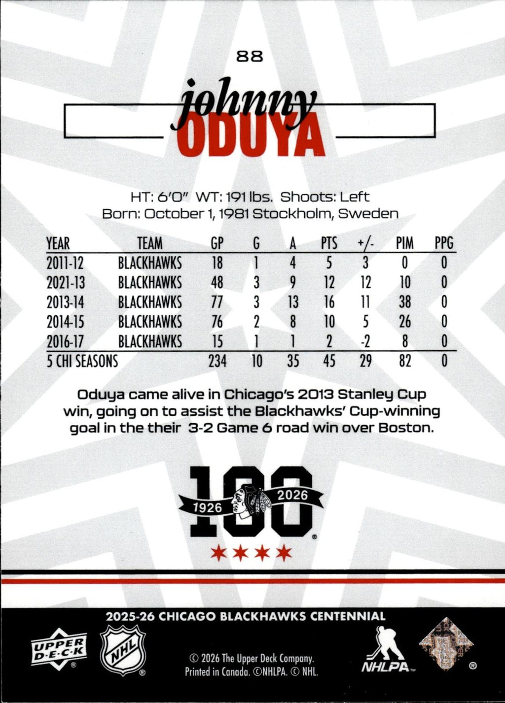 Johnny Oduya 2025-26 Upper Deck Chicago Blackhawks Centennial #88 Blackhawks