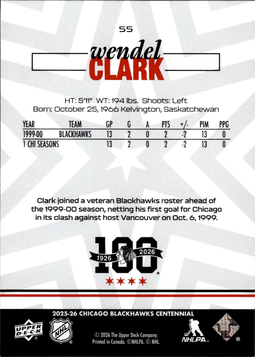 Wendel Clark 2025-26 Upper Deck Chicago Blackhawks Centennial #55 Blackhawks