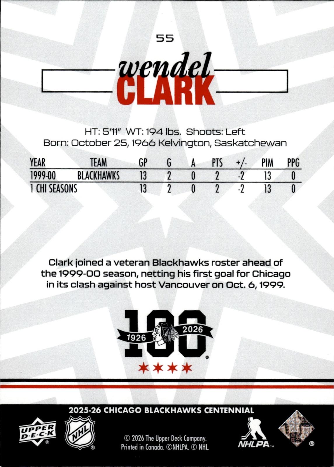 Wendel Clark 2025-26 Upper Deck Chicago Blackhawks Centennial #55 Blackhawks