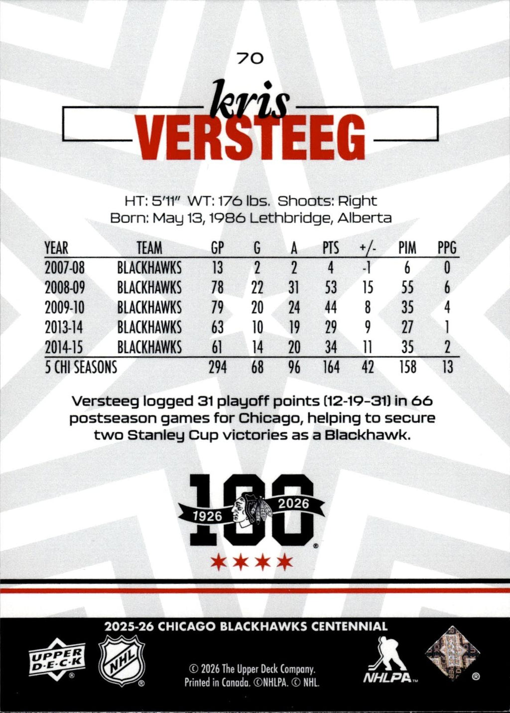 Kris Versteeg 2025-26 Upper Deck Chicago Blackhawks Centennial #70 Blackhawks