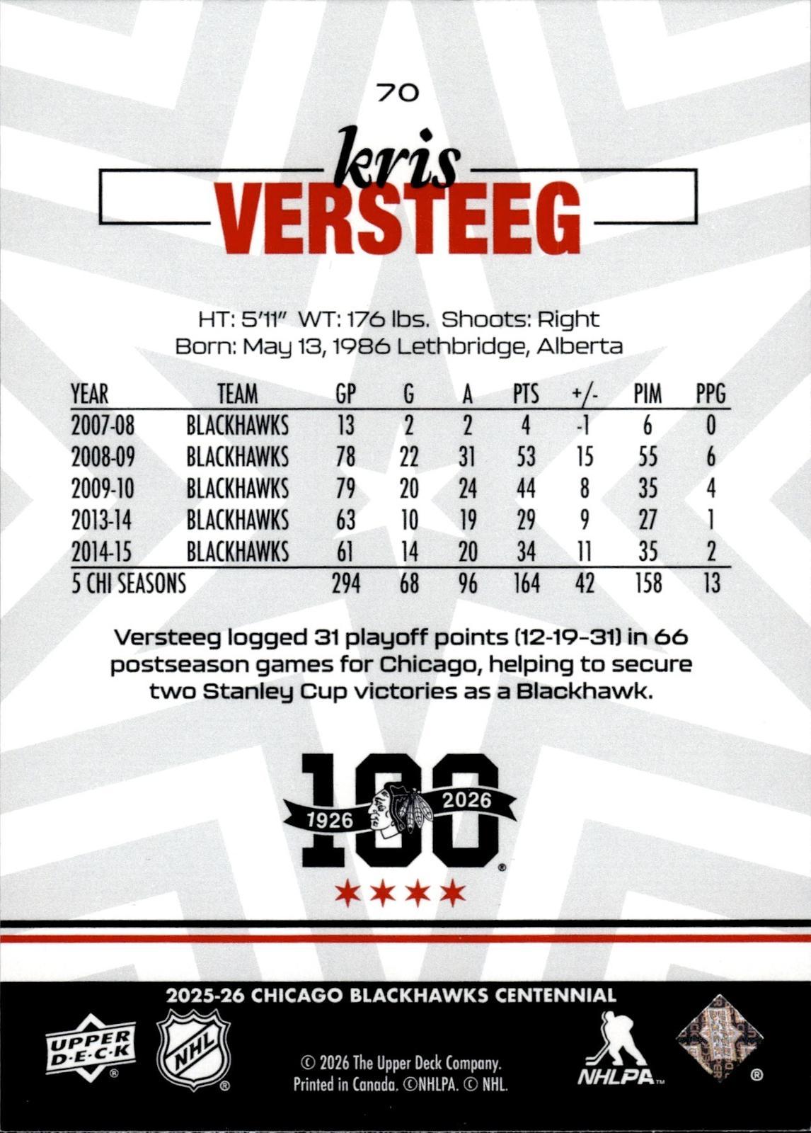 Kris Versteeg 2025-26 Upper Deck Chicago Blackhawks Centennial #70 Blackhawks