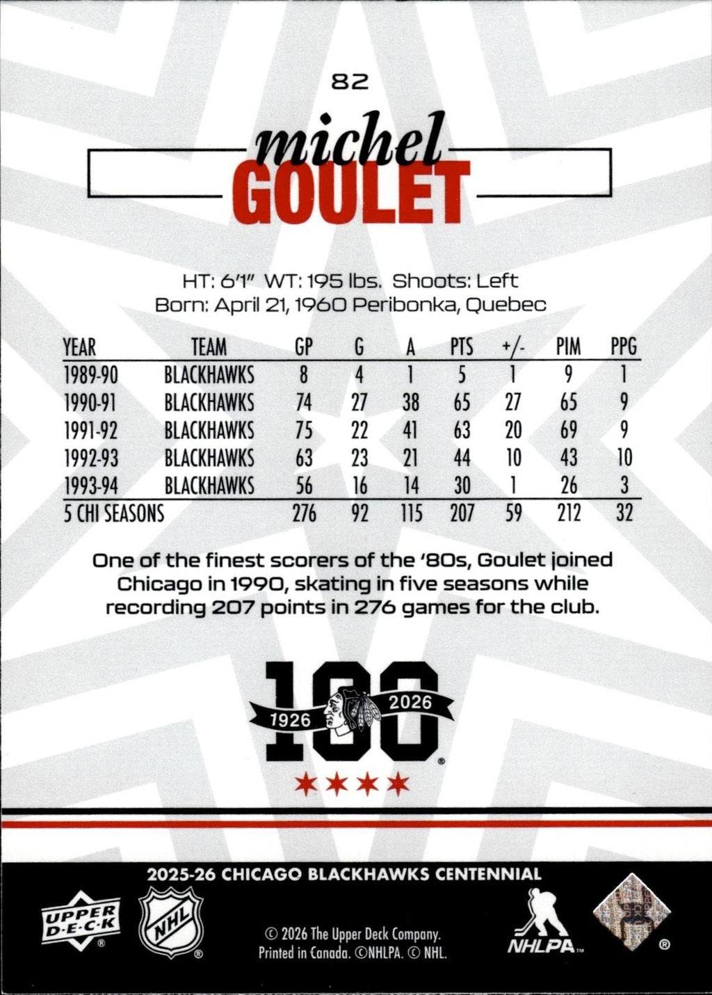 Michel Goulet 2025-26 Upper Deck Chicago Blackhawks Centennial #82 Blackhawks